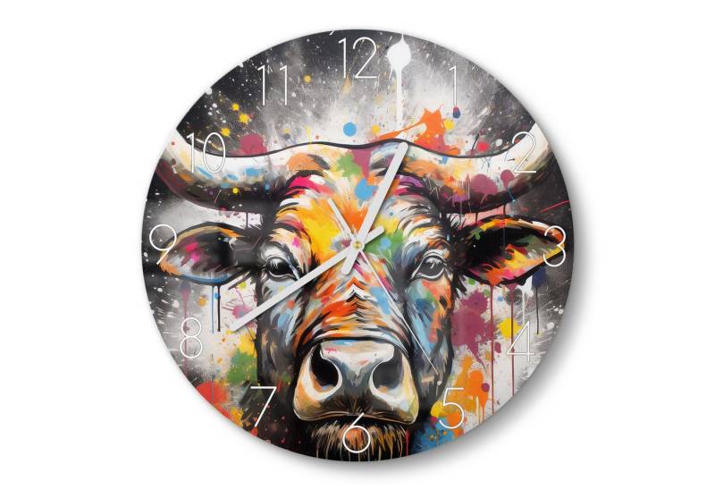DEQOART Wanduhr 'Farbenfrohe Stierkraft' (Glas Glasuhr modern Wand Uhr Design Küchenuhr) von DEQOART