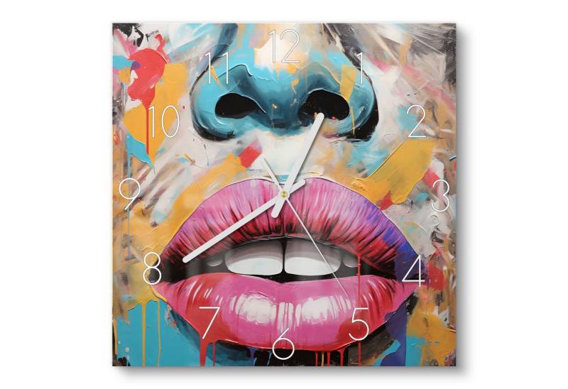 DEQOART Wanduhr 'Farbsturm der Lippen' (Glas Glasuhr modern Wand Uhr Design Küchenuhr) von DEQOART