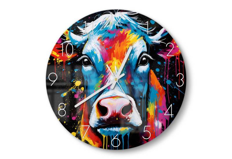 DEQOART Wanduhr 'Kuh im Farbrausch' (Glas Glasuhr modern Wand Uhr Design Küchenuhr) von DEQOART