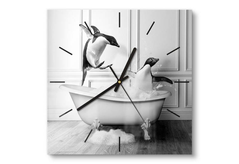DEQOART Wanduhr 'Pinguin-Plantschen' (Glas Glasuhr modern Wand Uhr Design Küchenuhr) von DEQOART