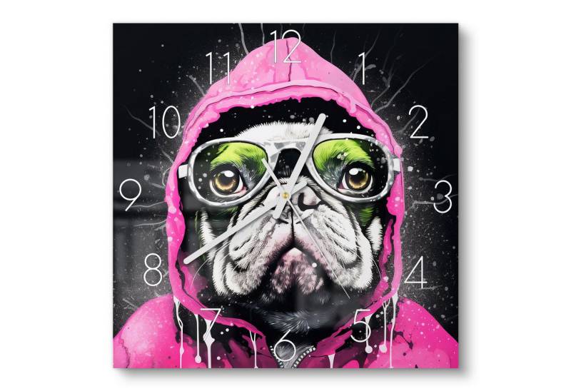 DEQOART Wanduhr 'Streetstyle Mops' (Glas Glasuhr modern Wand Uhr Design Küchenuhr) von DEQOART