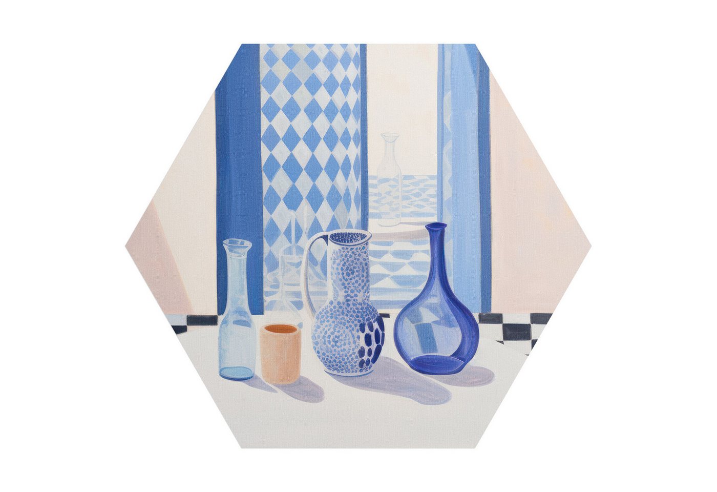 DEQORI Fototapete 'Blaues Stillleben', Sechseckig, matte Leinwandstruktur, bedruckt, (1 St), selbstklebend Wandtattoo Motiv Wandtapete Wand Sticker Bild Tapete von DEQORI