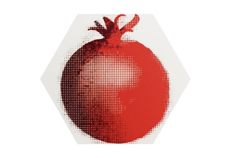 DEQORI Fototapete 'Grafischer Granatapfel', Sechseckig, matte Leinwandstruktur, bedruckt, (1 St), selbstklebend Wandtattoo Motiv Wandtapete Wand Sticker Bild Tapete von DEQORI