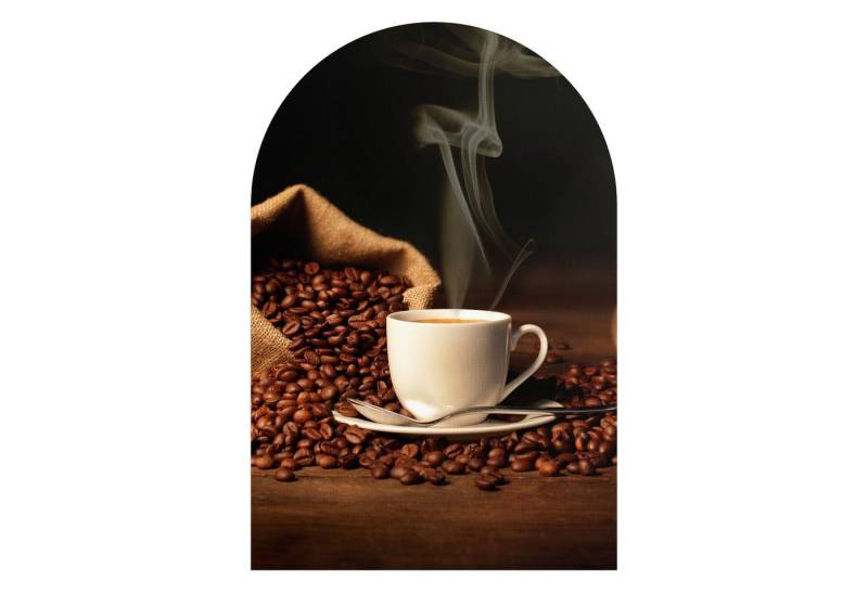 DEQORI Fototapete 'Kaffeetasse mit Bohnen', Rundbogen, matte Leinwandstruktur, bedruckt, (1 St), selbstklebend Wandtattoo Motiv Wandtapete Wand Sticker Bild Tapete von DEQORI