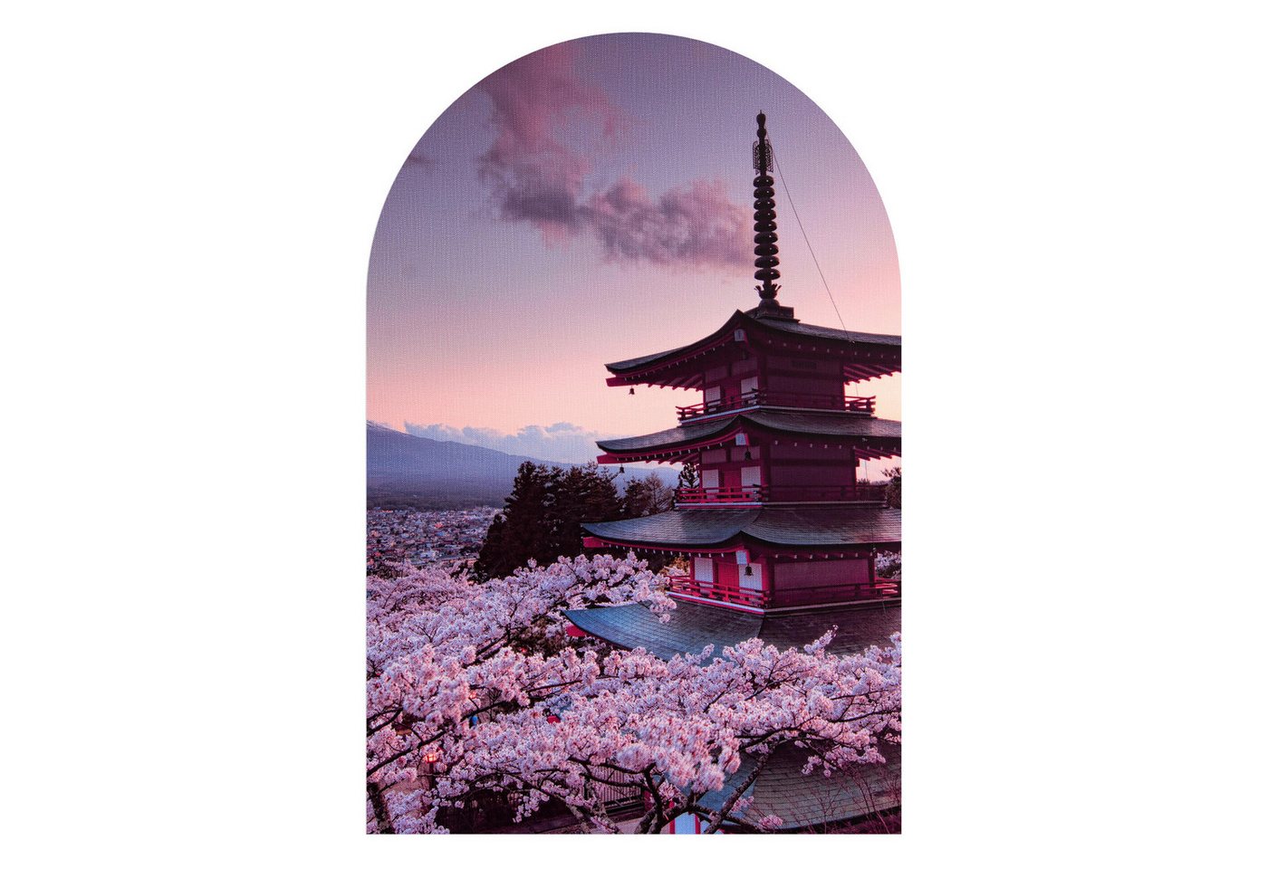DEQORI Fototapete 'Kirschblüten Tempel Japan', Rundbogen, matte Leinwandstruktur, bedruckt, (1 St), selbstklebend Wandtattoo Motiv Wandtapete Wand Sticker Bild Tapete von DEQORI