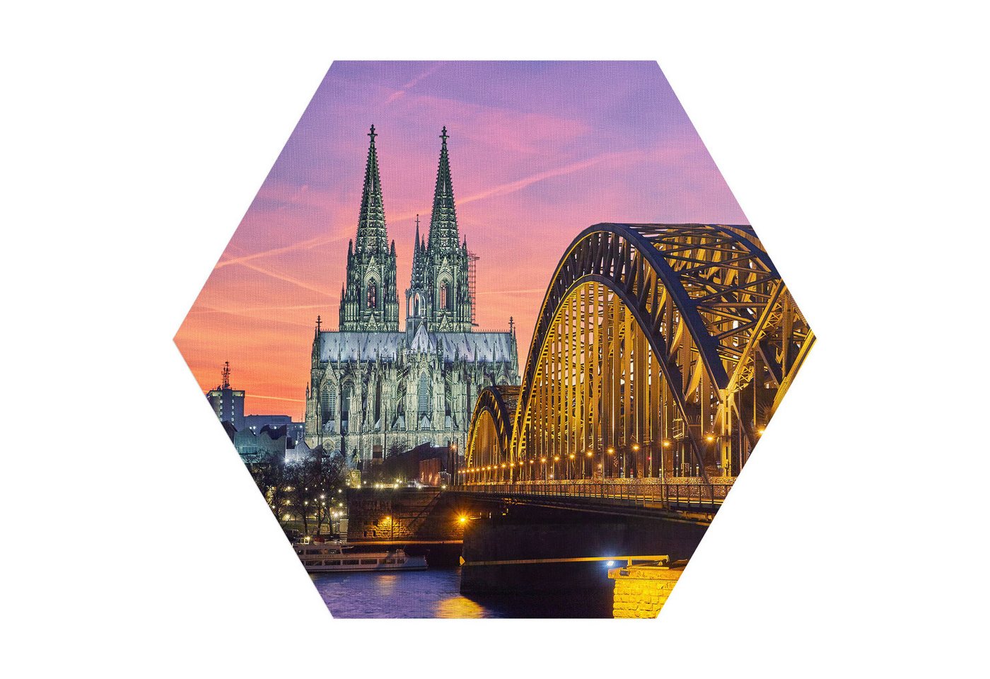 DEQORI Fototapete 'Kölner Wahrzeichen abends', Sechseckig, matte Leinwandstruktur, bedruckt, (1 St), selbstklebend Wandtattoo Motiv Wandtapete Wand Sticker Bild Tapete von DEQORI