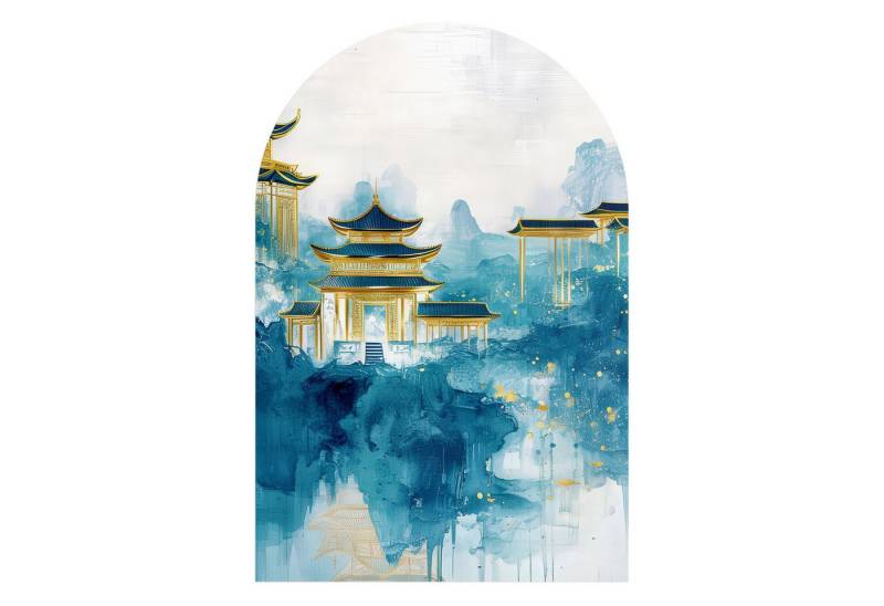 DEQORI Fototapete 'Pagoden im Nebelglanz', Rundbogen, matte Leinwandstruktur, bedruckt, (1 St), selbstklebend Wandtattoo Motiv Wandtapete Wand Sticker Bild Tapete von DEQORI