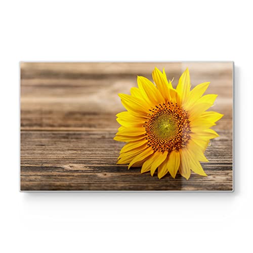 DEQORI Frühstücksbrett Glas | klein 23x14 cm | Motiv "Sonnenblume auf Holz" | Design Schneidebrett für Küche | Frühstücksbrettchen antibakteriell & rutschfest | Glasplatte & Servierplatte von DEQORI