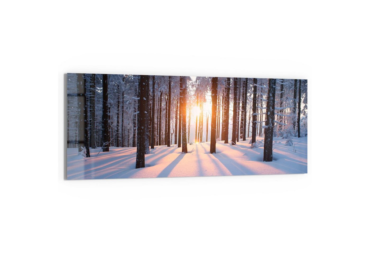 DEQORI Glasbild 'Abendsonne im Winterwald', 'Abendsonne im Winterwald', Glas Wandbild Bild schwebend modern von DEQORI