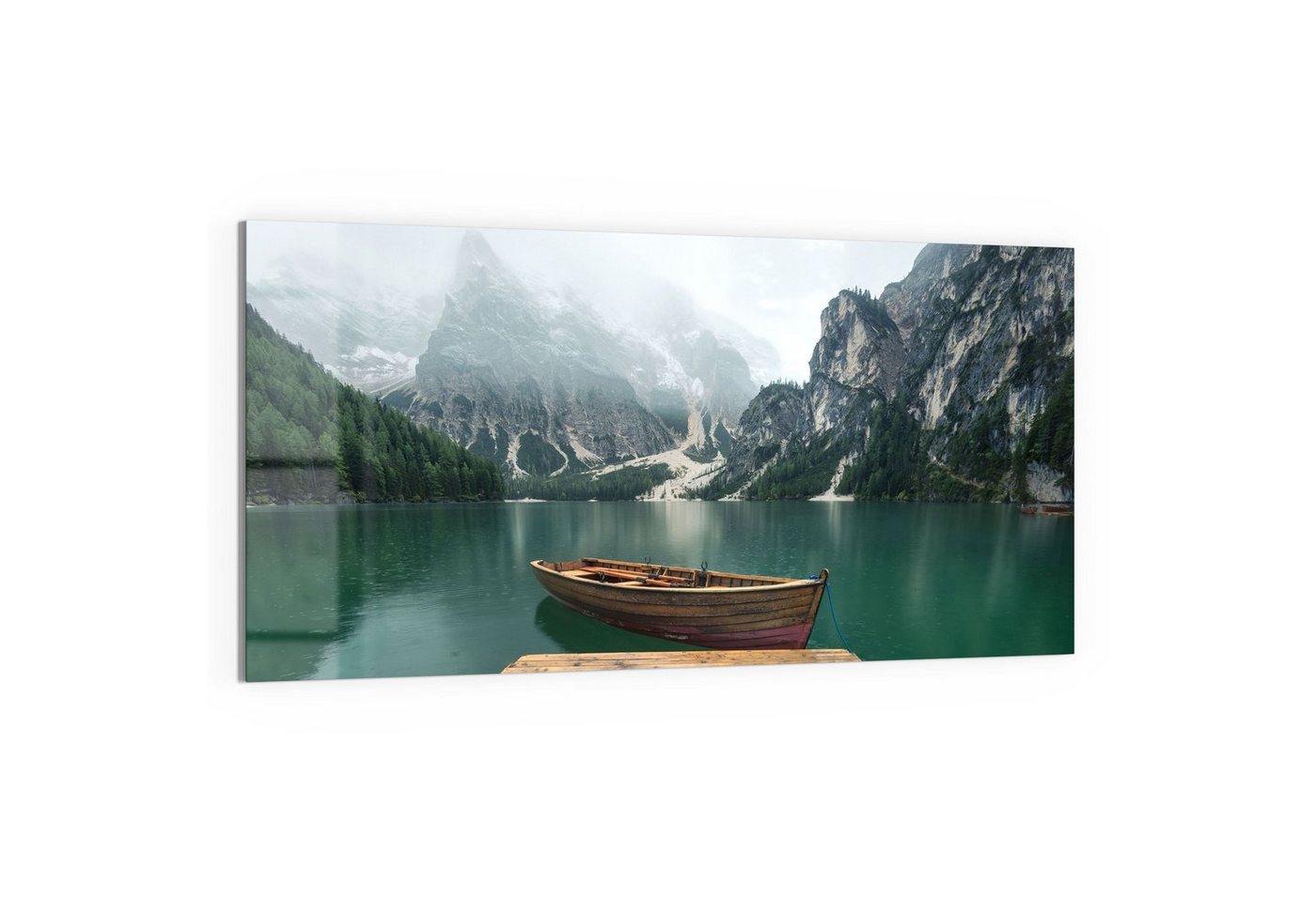 DEQORI Glasbild 'Bergsee und Bootsteg', 'Bergsee und Bootsteg', Glas Wandbild Bild schwebend modern von DEQORI