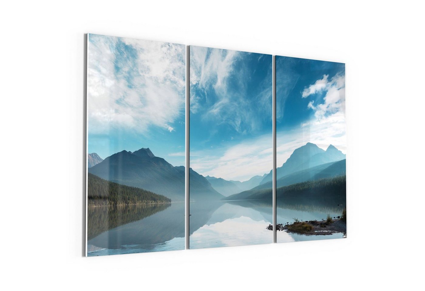 DEQORI Glasbild 'Blick über Bowman Lake', 'Blick über Bowman Lake', Glas Wandbild Bild schwebend modern von DEQORI