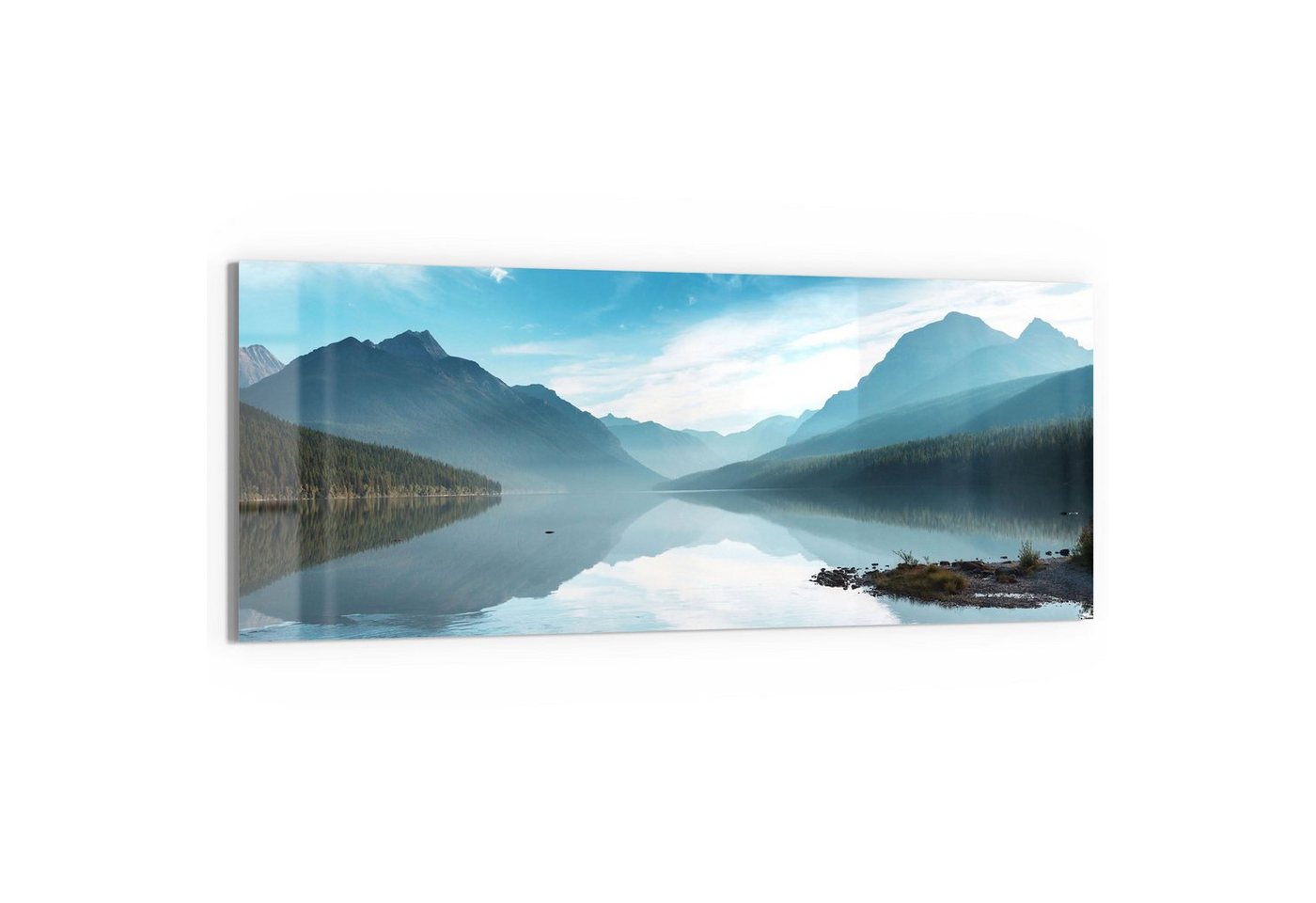 DEQORI Glasbild 'Blick über Bowman Lake', 'Blick über Bowman Lake', Glas Wandbild Bild schwebend modern von DEQORI