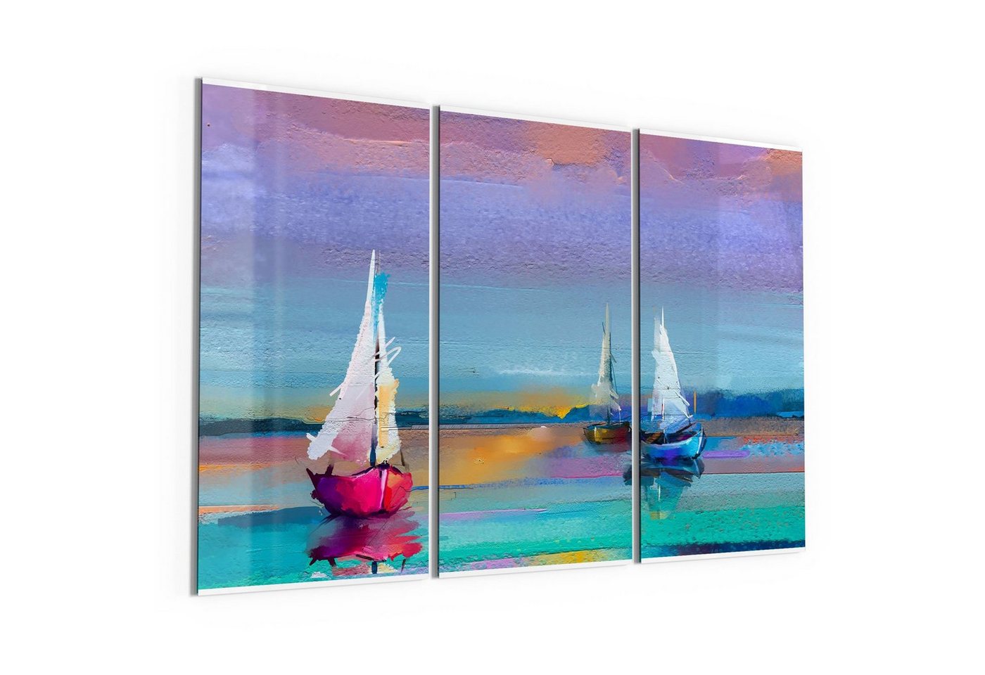 DEQORI Glasbild 'Drei bunte Segelboote', 'Drei bunte Segelboote', Glas Wandbild Bild schwebend modern von DEQORI