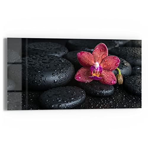 DEQORI Glasbild Echtglas | Motiv "Blüte und Steine benetzt" | horizontal einteilig 60x30 cm | schöne Dekoration | Wandbild für Wohnzimmer, Schlafzimmer, Flur & Küche | moderne Wanddeko von DEQORI