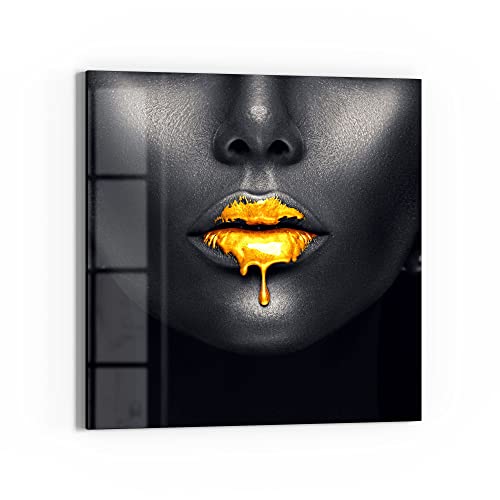 DEQORI Glasbild Echtglas | Motiv Goldbedeckte Lippen | quadratisch einteilig 50x50 cm | schöne Dekoration | Wandbild für Wohnzimmer, Schlafzimmer, Flur & Küche | moderne Wanddeko von DEQORI