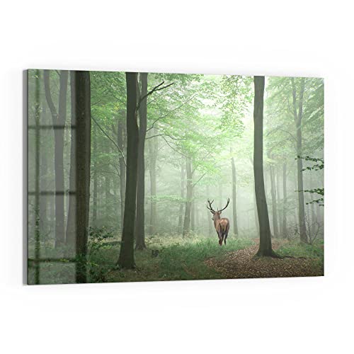 DEQORI Glasbild Echtglas | Motiv "Hirsch zwischen Bäumen" | horizontal einteilig 90x60 cm | schöne Dekoration | Wandbild für Wohnzimmer, Schlafzimmer, Flur & Küche | moderne Wanddeko von DEQORI