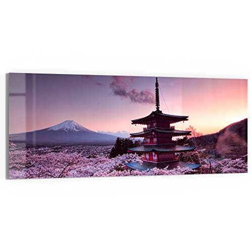 DEQORI Glasbild Echtglas | Motiv Kirschblüten Tempel Japan | horizontal einteilig 150x60 cm | schöne Dekoration | Wandbild für Wohnzimmer, Schlafzimmer, Flur & Küche | moderne Wanddeko von DEQORI