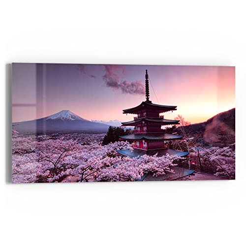 DEQORI Glasbild Echtglas | Motiv Kirschblüten Tempel Japan | horizontal einteilig 60x30 cm | schöne Dekoration | Wandbild für Wohnzimmer, Schlafzimmer, Flur & Küche | moderne Wanddeko von DEQORI