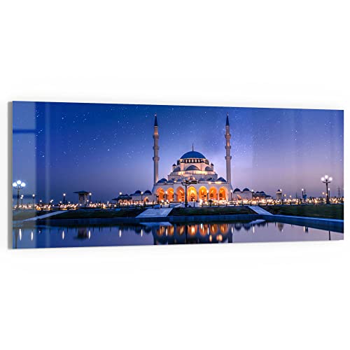 DEQORI Glasbild Echtglas | Motiv Sharjah Moschee bei Nacht | horizontal einteilig 125x50 cm | schöne Dekoration | Wandbild für Wohnzimmer, Schlafzimmer, Flur & Küche | moderne Wanddeko von DEQORI