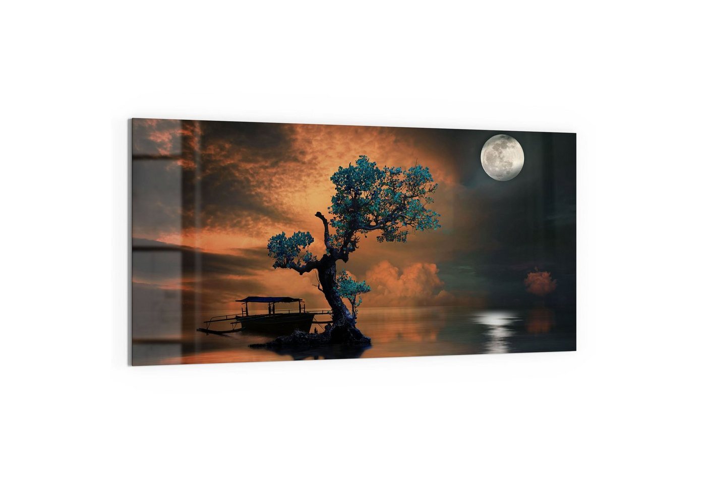 DEQORI Glasbild 'Einsamer Baum und Mond', 'Einsamer Baum und Mond', Glas Wandbild Bild schwebend modern von DEQORI