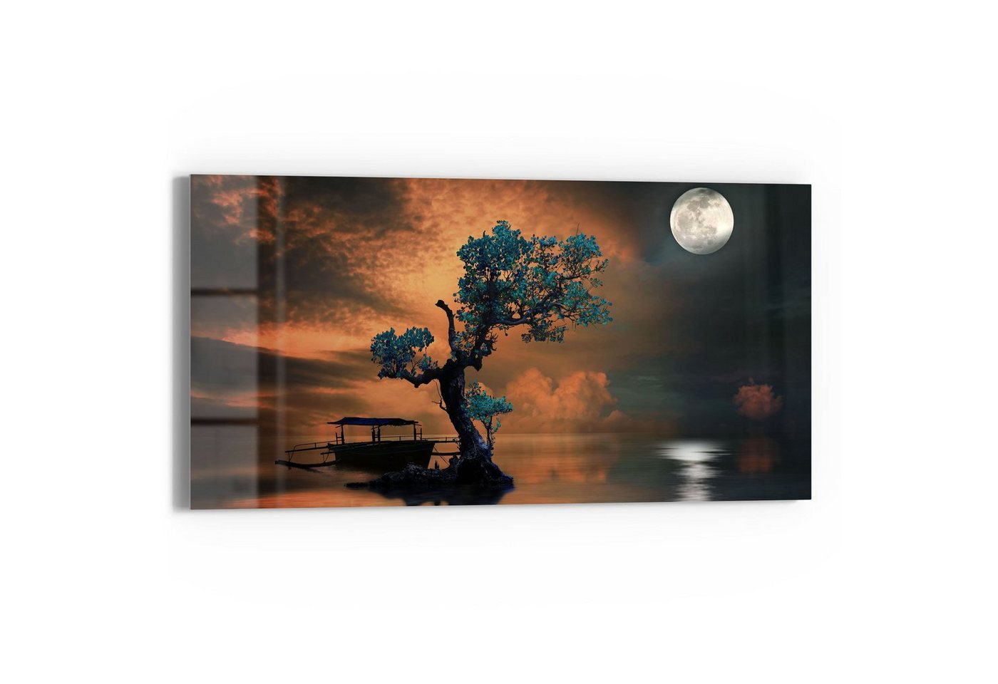 DEQORI Glasbild 'Einsamer Baum und Mond', 'Einsamer Baum und Mond', Glas Wandbild Bild schwebend modern von DEQORI