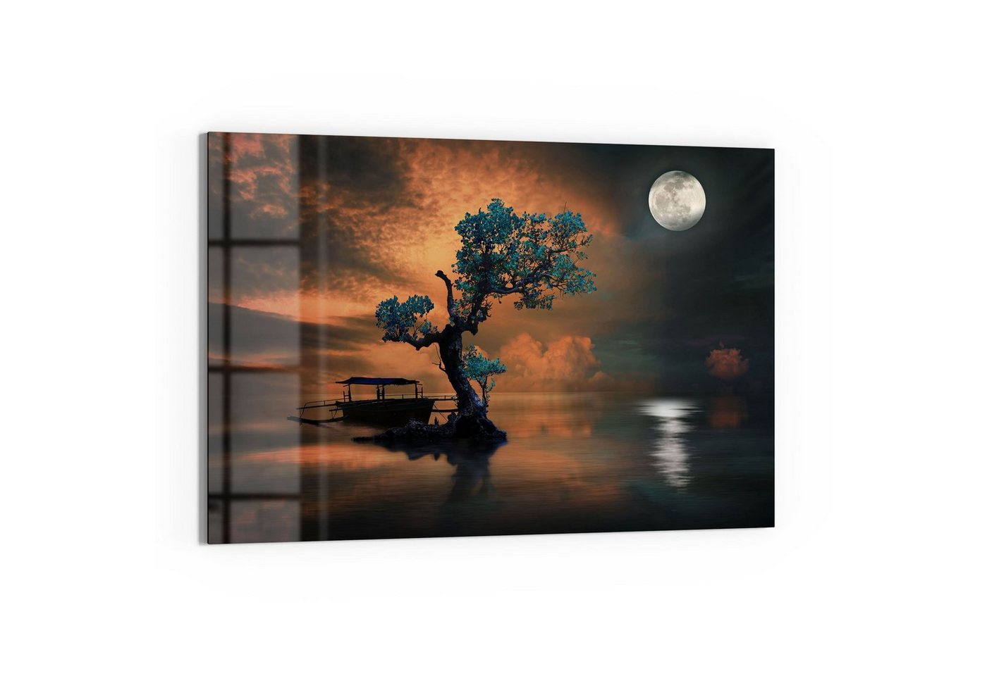 DEQORI Glasbild 'Einsamer Baum und Mond', 'Einsamer Baum und Mond', Glas Wandbild Bild schwebend modern von DEQORI