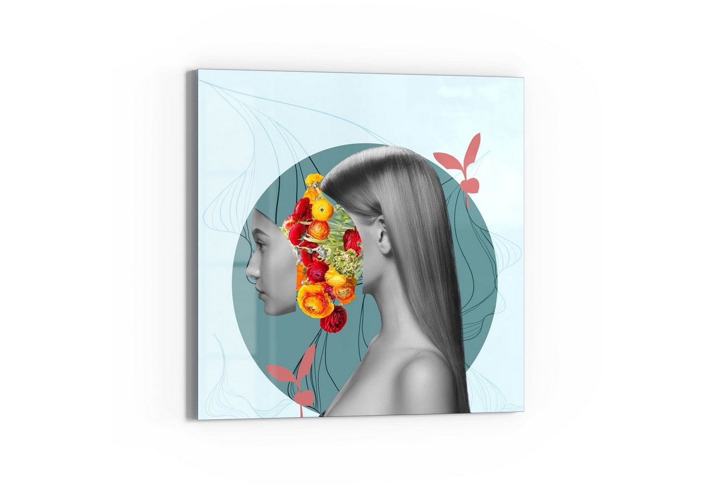 DEQORI Glasbild 'Frau mit Blumen im Kopf', 'Frau mit Blumen im Kopf', Glas Wandbild Bild schwebend modern von DEQORI