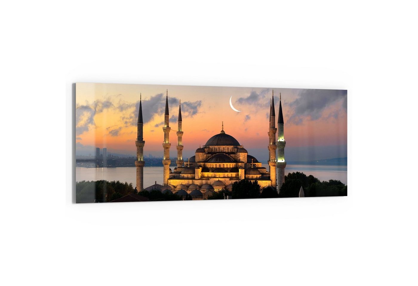 DEQORI Glasbild 'Mondsichel über Moschee', 'Mondsichel über Moschee', Glas Wandbild Bild schwebend modern von DEQORI