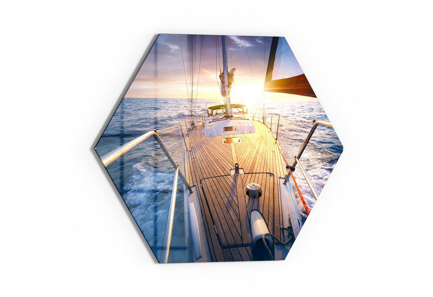 DEQORI Glasbild 'Segelboot jagt Abendsonne', 'Segelboot jagt Abendsonne', Glas Wandbild Bild schwebend modern von DEQORI