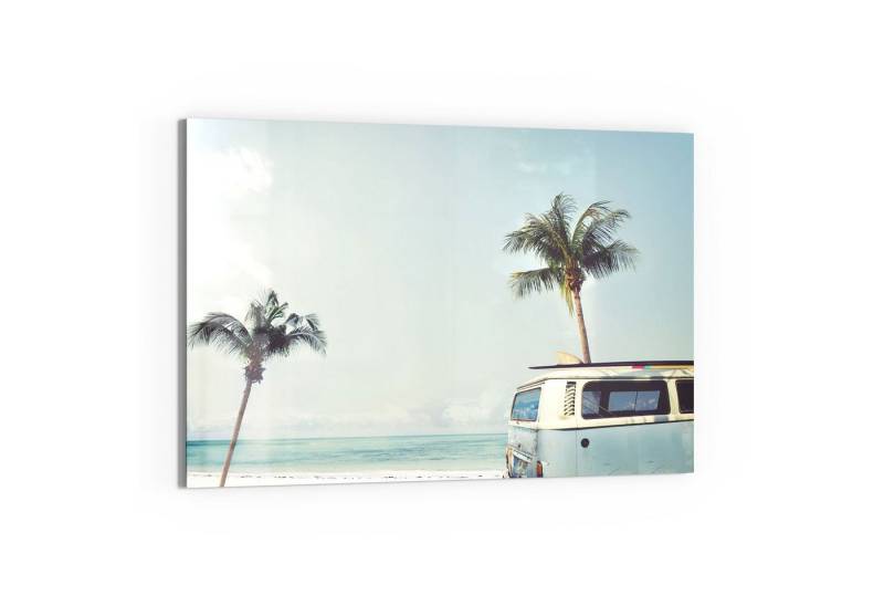 DEQORI Glasbild 'Surfer-Bulli am Strand', 'Surfer-Bulli am Strand', Glas Wandbild Bild schwebend modern von DEQORI