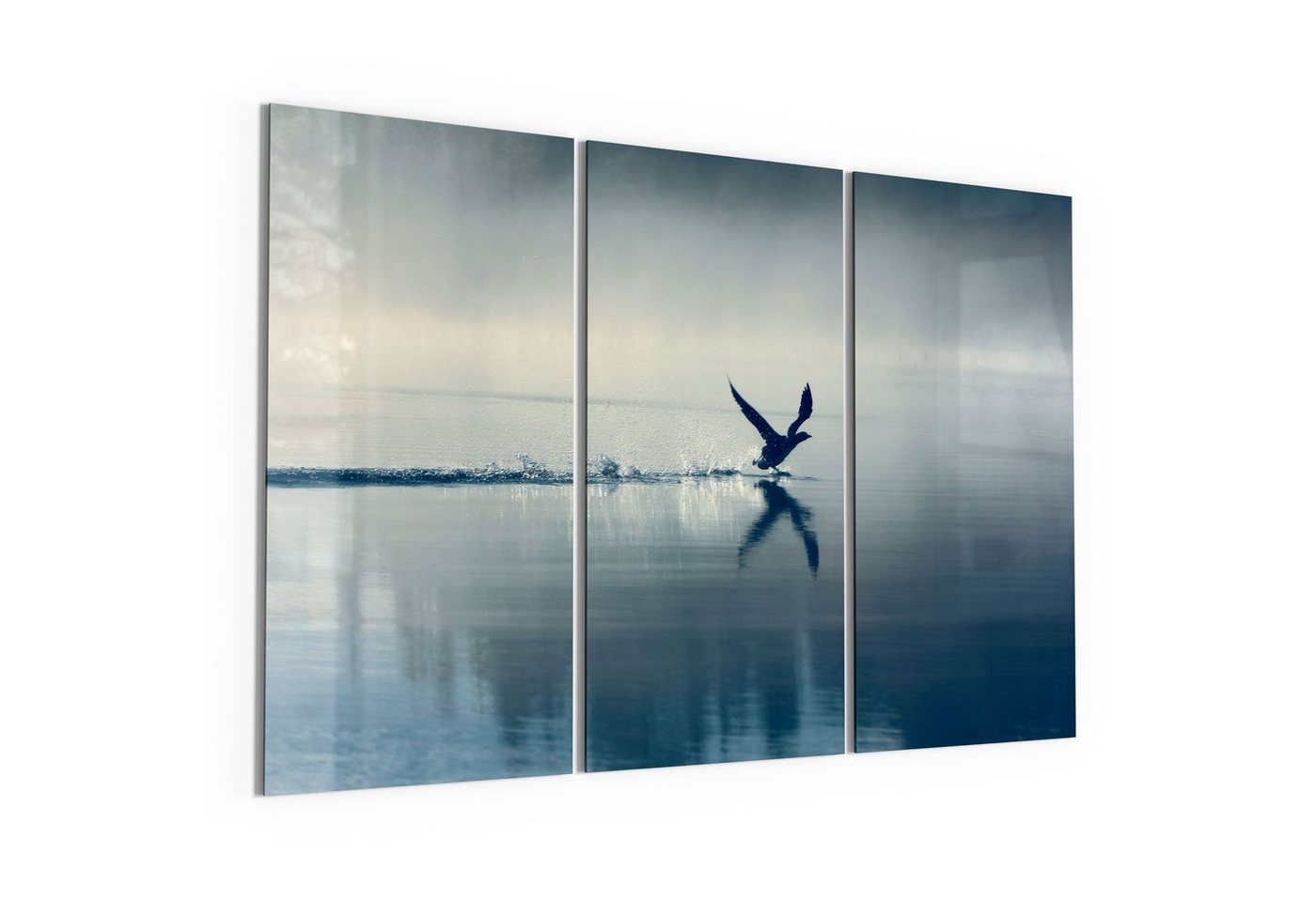 DEQORI Glasbild 'Vogel landet auf Wasser', 'Vogel landet auf Wasser', Glas Wandbild Bild schwebend modern von DEQORI