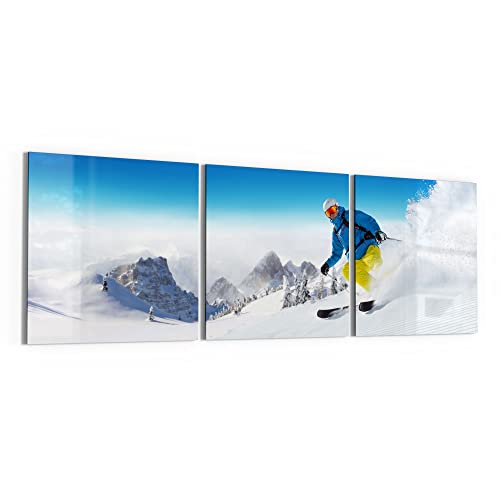 DEQORI Glasbilder Acrylglas | Motiv "Skifahrer in Aktion" | horizontal 3-teilig 150x50 cm | große XXL Deko | Wandbilder für Wohnzimmer, Schlafzimmer, Flur & Küche | moderne Wanddeko von DEQORI