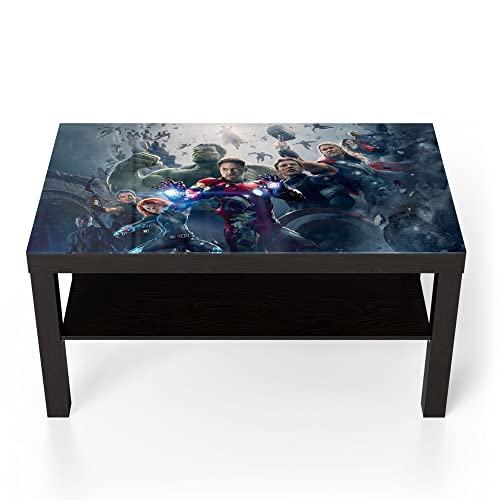 DEQORI Glastisch | schwarz groß 90x50 cm | Motiv Avengers Gruppen Collage | ausgefallener Beistelltisch aus Glas | Hochglanz Couchtisch fürs Wohnzimmer | moderner Couch Tisch mit Design von DEQORI
