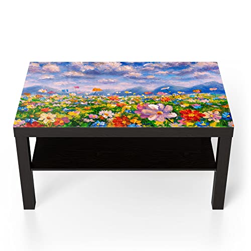 DEQORI Glastisch | schwarz groß 90x50 cm | Motiv Blumenwiese und Berge | ausgefallener Beistelltisch aus Glas | Hochglanz Couchtisch fürs Wohnzimmer | moderner Couch Tisch mit Design von DEQORI