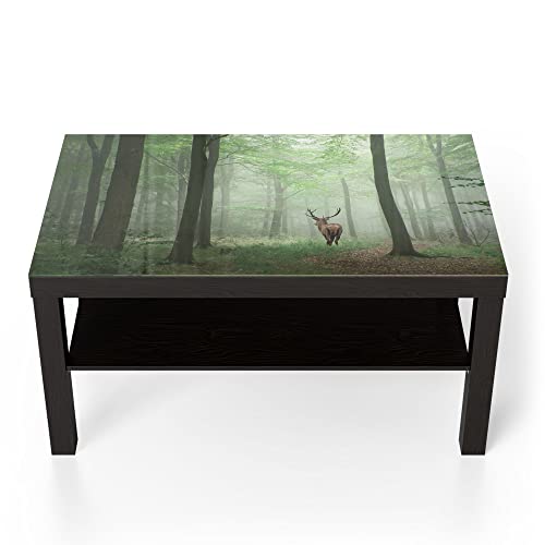 DEQORI Glastisch | schwarz groß 90x50 cm | Motiv Hirsch zwischen Bäumen | ausgefallener Beistelltisch aus Glas | Hochglanz Couchtisch fürs Wohnzimmer | moderner Couch Tisch mit Design von DEQORI
