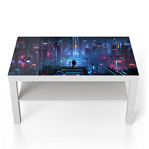 DEQORI Glastisch | weiß groß 90x50 cm | Motiv Cyberpunk Stadt bei Nacht | ausgefallener Beistelltisch aus Glas | Hochglanz Couchtisch fürs Wohnzimmer | moderner Couch Tisch mit Design von DEQORI