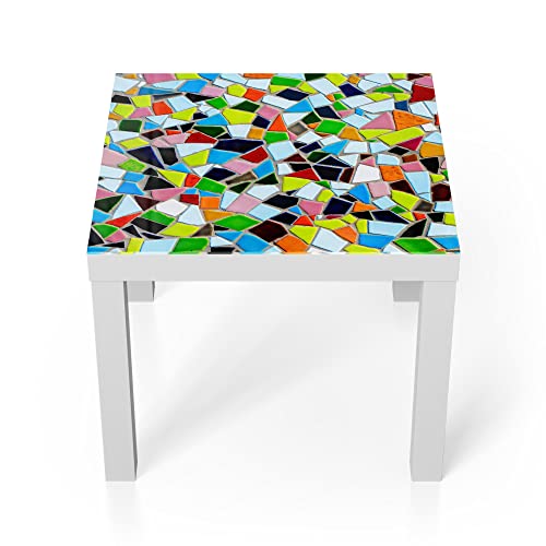 DEQORI Glastisch | weiß klein 55x55 cm | Motiv Buntes Fliesen-Mosaik | ausgefallener Beistelltisch aus Glas | Hochglanz Couchtisch fürs Wohnzimmer | moderner Couch Tisch mit Design von DEQORI