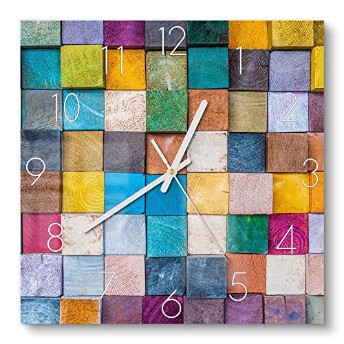 DEQORI Glasuhr | 30x30 cm | Motiv Buntes Holzmosaik | ausgefallene leise Design Uhr aus Glas | Wanduhr für Wohnzimmer & Küche | Moderne Hingucker Uhr für die Wand von DEQORI