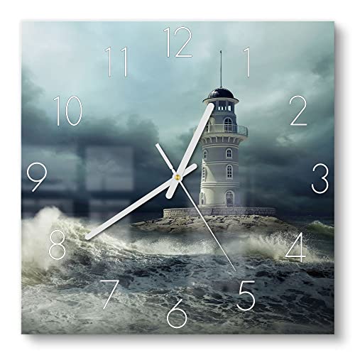 DEQORI Glasuhr | 30x30 cm | Motiv Leuchtturm im Sturm | ausgefallene leise Design Uhr aus Glas | Wanduhr für Wohnzimmer & Küche | Moderne Hingucker Uhr für die Wand von DEQORI