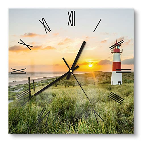 DEQORI Glasuhr | 30x30 cm | Motiv Leuchtturmliebe | ausgefallene leise Design Uhr aus Glas | Wanduhr für Wohnzimmer & Küche | Moderne Hingucker Uhr für die Wand von DEQORI