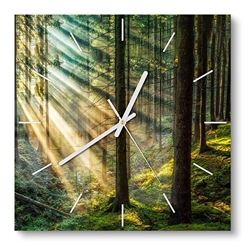 DEQORI Glasuhr | 30x30 cm | Motiv Licht durchbricht Bäume | ausgefallene leise Design Uhr aus Glas | Wanduhr für Wohnzimmer & Küche | Moderne Hingucker Uhr für die Wand von DEQORI