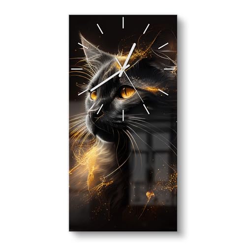 DEQORI Glasuhr | horizontal 30x60 cm | Motiv Goldener Katzenglanz | große XXL Design Uhr aus Glas | leise Wanduhr für Wohnzimmer & Küche | Moderne Hingucker Uhr für die Wand von DEQORI