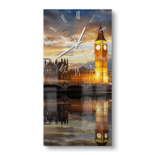 DEQORI Glasuhr | horizontal 30x60 cm | Motiv Londoner Abendkulisse | große XXL Design Uhr aus Glas | leise Wanduhr für Wohnzimmer & Küche | Moderne Hingucker Uhr für die Wand von DEQORI