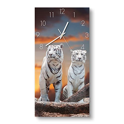 DEQORI Glasuhr | horizontal 30x60 cm | Motiv Weiße Tiger im Abendlicht | große XXL Design Uhr aus Glas | leise Wanduhr für Wohnzimmer & Küche | Moderne Hingucker Uhr für die Wand von DEQORI