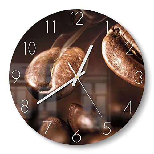 DEQORI Glasuhr | rund Ø 30 cm | Motiv Duftende Kaffeebohnen | ausgefallene leise Design Uhr aus Glas | Wanduhr für Wohnzimmer & Küche | Moderne Hingucker Uhr für die Wand von DEQORI