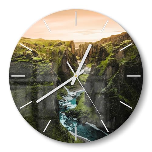 DEQORI Glasuhr | rund Ø 30 cm | Motiv Fjadrargljufur in Island | ausgefallene leise Design Uhr aus Glas | Wanduhr für Wohnzimmer & Küche | Moderne Hingucker Uhr für die Wand von DEQORI