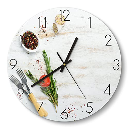 DEQORI Glasuhr | rund Ø 30 cm | Motiv Küchenkräuter und Gewürze | ausgefallene leise Design Uhr aus Glas | Wanduhr für Wohnzimmer & Küche | Moderne Hingucker Uhr für die Wand von DEQORI
