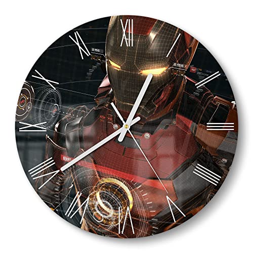 DEQORI Glasuhr | rund Ø 30 cm | Motiv Legendäre Iron Man Anzug | ausgefallene leise Design Uhr aus Glas | Wanduhr für Wohnzimmer & Küche | Moderne Hingucker Uhr für die Wand von DEQORI