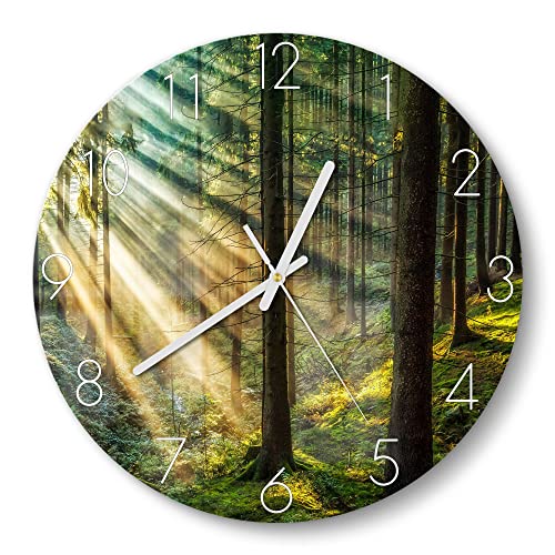 DEQORI Glasuhr | rund Ø 30 cm | Motiv Licht durchbricht Bäume | ausgefallene leise Design Uhr aus Glas | Wanduhr für Wohnzimmer & Küche | Moderne Hingucker Uhr für die Wand von DEQORI