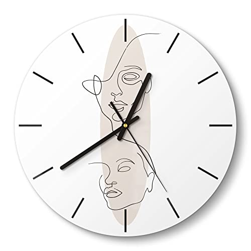 DEQORI Glasuhr | rund Ø 30 cm | Motiv Linien-Gesichter vor Oval | ausgefallene leise Design Uhr aus Glas | Wanduhr für Wohnzimmer & Küche | Moderne Hingucker Uhr für die Wand von DEQORI